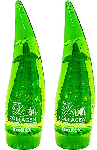 BioRLX 99% Purity Aloe Vera Gel with Collagen and Hyaluronic Acid for Face, Body and Hair & Soothing, Moisture, After-Sun, Aftershave, Dry Skin (Two Bottles, 250 ml)