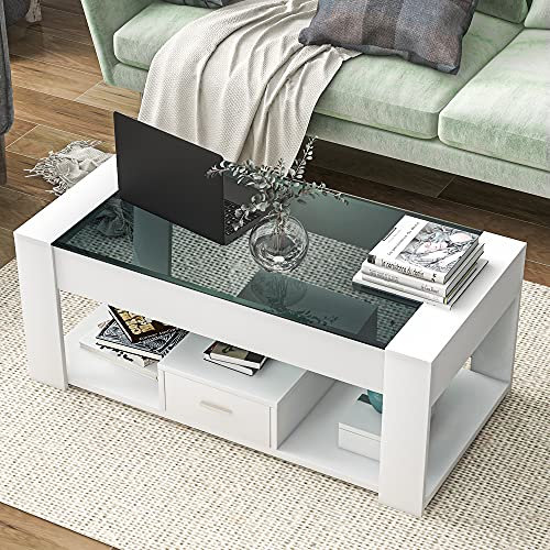 ModernLuxe Mesa de centro con taquillas de cristal y 1 cajón, mesa de almacenamiento para la oficina en casa en el salón, 100 x 50 x 40 cm (negro)