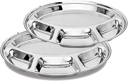 RSK Goods Stainless Steel Round 4 Compartment Food Serving Dish Indian Thali, Serving Platter, Food Divided Plate, Size 33cm (2)