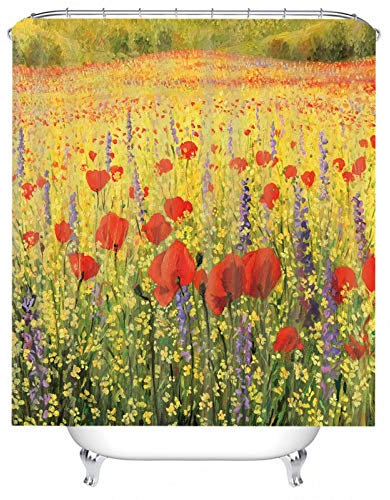 EHOMERY Duschvorhangfächer Duschrollo Badewanne Ohne Bohren Blumenfeld Polyester Rot Gelb Rostfreie Ösen Und 12 Hakenringe, 180X200Cm