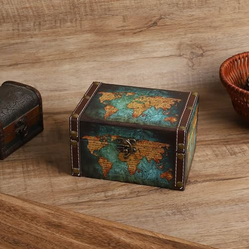 Large Wooden Storage Box 30Cm X 20Cm, Aufbewahrungsbox aus Holz Im Europäischen Stil, Vintage-Schmuck-Organizer, Display-Box, Desktop-Ornamente, Kleine Holzkiste, Schatzkiste, Weltkarte, Aufbewah