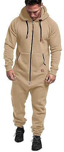 Oanviso Tuta Uomo Jumpsuit Sportiva con Cappuccio Salopette Lavoro Zipper Casual Overall Elasticizzati Tuta da Jogging Onesie Monopezzo Slim Fit Autunno Maniche Lunghe Pigiama A Kaki XXL
