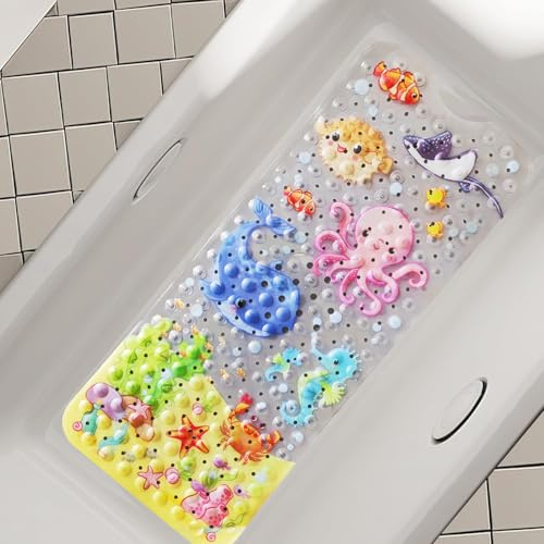 Secopad Badewannenmatte Kinder rutschfest, 100 x 40 cm, Oktopus | 100% BPA-frei, Rutschfest, Starke Saugkraft, Cartoon-Design für Kinder, Gute Wasserableitung und Leicht zu Reinigen