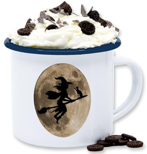 Emaille Tasse Blechtasse - Tassen - Hexe Halloween Hexen auf Besen Vollmond Katze Witch Mond - 300 ml - Weiß Blau - kaffee haloween outfits fliegende becher hellowee bild gruselig helloween