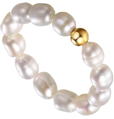 Bulckrew Damen Ring mit Perle Elatisch: Perlering mit Süßwasser Perle Gold Edelstahl Kugel Damenring Ehering Trauringe Promise Ringe Fingerring Stapelring Geschenk für Frauen Mädchen
