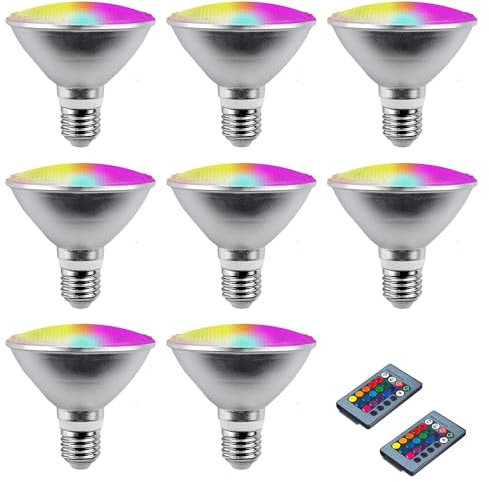 PAZWAHF PAR30 Flutlicht-Glühbirne, 20 Watt, LED/COB, dimmbar, RGB-Farbwechsel, Strahler-Glühbirne, mit Fernbedienung, 85–265 V Wechselstrom, IP65, E26/E27-Sockel (8 Stück)