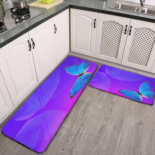 ducanll Küchenteppich, Violett, 2 Stück, 120 x 43 cm, Schmetterlingsmatten, Küchenhelfer, Anti-Ermüdungsmatten für Küchenböden, waschbarer Teppich, Badezimmerteppiche