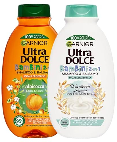Garnier Ultra Dolce Shampoo e Balsamo 2in1 Ipoallergenico per Bambini Detergente Lenitivo Districante Testato Sotto Controllo Pediatrico Delicatezza d'Avena + Albicocca - 2 Flaconi da 400ml