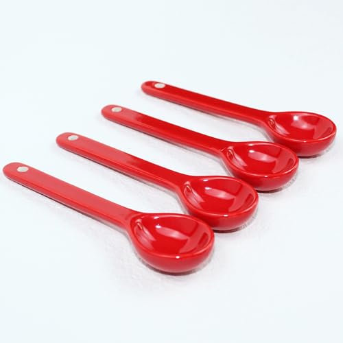 PTORIZNY 5.12” Christmas Soup Spoon Coffee Spoon Red Stir-stirringSpoon With Ceramic Asian Porcelain Spoons for Coffee Tea Sauce Sugar Salt and Desserts Demitasse Espresso Spoons Set of 4 (Red)