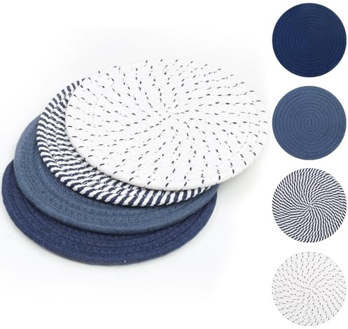 SHACOS 8 Inches Trivets for Hot Dishes, 4 Pieces Cotton Trivets Mats for Kitchen, Hot Pads for Countertops and Table, Heat-Resistant Pot Holders for Hot Pots and Pans(Blue, 4pcs)