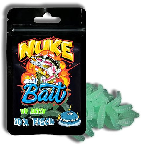Nuke Bait - Forellenköder - Bienenmaden mit Lockstoff -10 Stück - UV Aktiv - Forellen Köder, Bienenmade, Kunstköder mit Geruch, Aroma Angelköder, Raubfisch, Bester Fischköder (Fisch - Aroma)