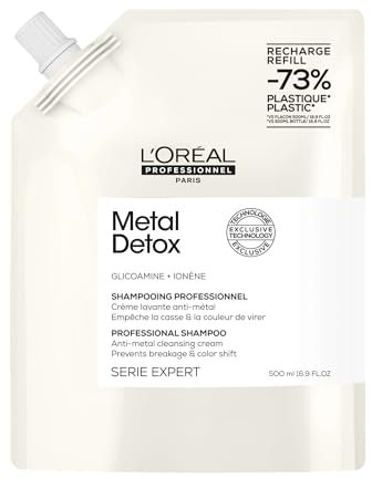 L'Oréal Professionnel, Shampoo Professionale Ristrutturante per Tutti i Tipi di Capelli Danneggiati, Rischio di Rottura Ridotto, Colore Protetto, Chioma Lucente e Setosa, Metal Detox, Ricarica, 500 ml