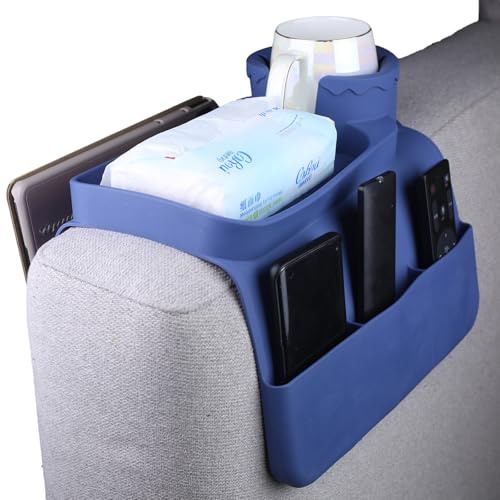 DLBTWDOYLS Silicone Sofa Cup Holder Tray, Non-slip Sofa Armrest Cup Holder with Side Pockets, Multi-functional Sofa Armrest Organiser, for Mobile Phones, Snacks, Various Cups ﻿ (blue)