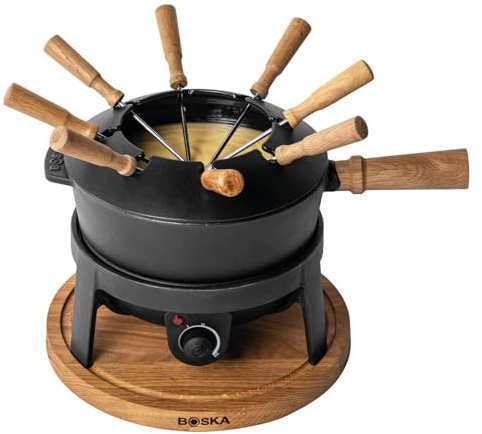 BOSKA Electric Fondue Set Pro/For Cheese, Chocolate and Broth Fondue / 8 people/Robust Cast-Iron/High Quality Materials/Splash Guard Included/Extra-long Cord/Black