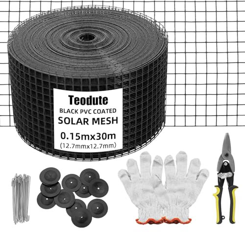 Teodute Rete di protezione solare da 15 cm x 30 m, protezione per pannelli solari, dotata di 1 paio di guanti, 70 parti rotonde, 70 ganci invertiti e 1 forbice dritta, per impedire alle colombe di