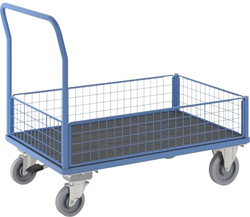 eurokraft | Plattformwagen | 4 Halbhohe Gitterwände | mit Zentralstopp | LxB 1300 x 800 mm