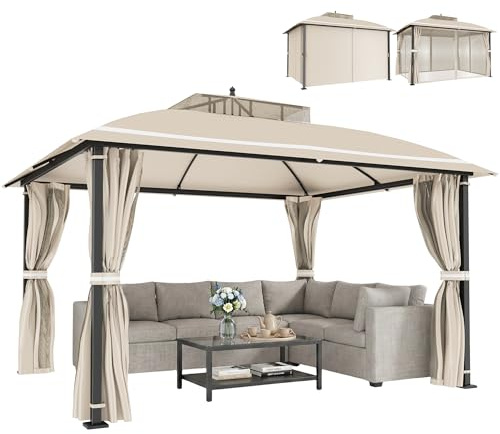 Outsunny Gazebo da Giardino 3.7x3m con Zanzariere, Doppio Tetto, Fori di Drenaggio e Pareti Laterali, Gazebo da Esterno in Metallo e Poliestere, per Giardino, Feste, Campeggio, Protezione UV, Beige
