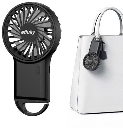 efluky Ventilateur Portable, Mini Ventilateur de Poche à 3 Vitesses, Rechargeable par USB et Muni D'un Crochet, Idéal pour la Maison, Les Voyages et L'extérieur, Noir