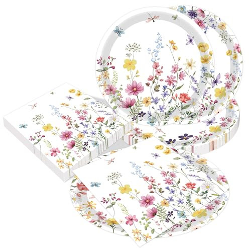 LaVenty 52pcs forniture per feste wildflower piatti e tovaglioli di carta floreale decorazione tea party bomboniere floreali per babyshower compleanno matrimonio e doccia nuziale