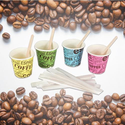 Bioaiks Bicchieri Cartoncino per Espresso, Set da 200 Bicchierii,200 Bastoncini in betulla per Mescolare, 75 ml, (multicolor)