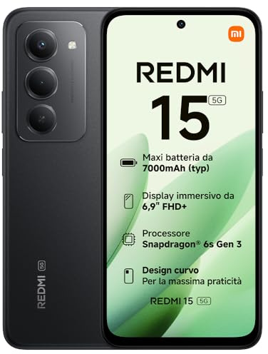 XIAOMI Redmi 15 5G, Smartphone 8+256GB, Display FHD+ da 6,9 144Hz, Snapdragon® 6s Gen 3, Camera principale da 50MP, 7000mAh, Garanzia di 2 anni, Nero, Caricabatterie non incluso