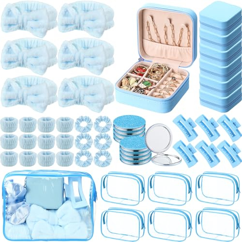 Suncalla 48 Pcs Spa Party Favors Sleepover Party Supplies Bow Headband Wristband Scrunchies Hair Clip Jewelry Case Makeup Bag Mirror for Women Bridesmaid Gifts Graduation Gift (Blue)