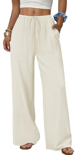 Cuptacc Pantalon Fluide Femme Été Taille Élastique Décontracté Pantalons Lin de Loisirs avec Poches à Jambes Larges