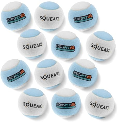 SPORTSPET Christmas SQUEAK! Bolas de perro edición bola de nieve, paquete de 12 pelotas de tenis, pelota de goma para perro, juguete de búsqueda para perros fuertes, juguete duradero y seguro para