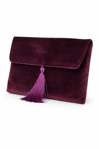 EasyThings Bolso de Mano Mujer Elegante – Clutch de Terciopelo Burdeos Oscuro con Borla Malva – Bolso Fiesta para Boda, Evento o Invitada