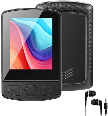 Reproductor MP3 Bluetooth 5.2 – 1,8 pulgadas TFT pantalla a color con clip Sport 32 GB MP3 – Reproductor de radio FM, altavoz con auriculares, ampliable hasta 128 GB tarjeta SD para niños y adultos