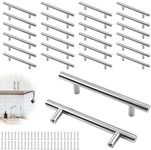 ZYETGH 24 Pack Silver Kitchen Cupboard Handles 160mm Hole Center, Cabinet Handles Kitchen Door Handle Brushed Steel T Bar Handle for Bathroom Bedroom Kitchens