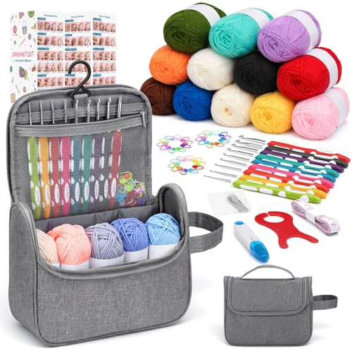 VynyQoo Kit de Crochet Completo para Principiantes, Set de 90 Piezas con Instrucciones, Ganchillos Ergonómicos de 2,0–6,0 mm, 17 Ovillos de 24–27 g, Bolsa de Almacenamiento y Accesorios de Crochet