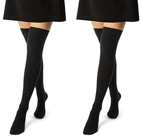 sockenkauf24 2 Paar Overknee Strümpfe Damen Kniestrümpfe Baumwolle 10723 (Schwarz & Schwarz 39-42)