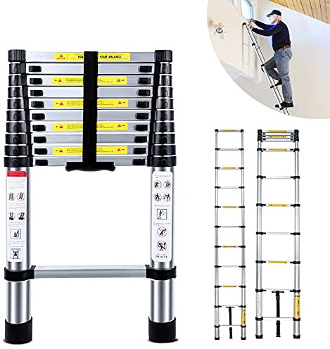 Retractable Ladder 3.2M 10ft with 330lb Load Capacity Aluminium Straight 11 Steps Folding Extendable Multi-Use for Household Daily Office Home
