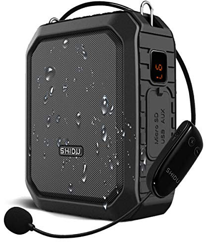 SHIDU Wireless Voice Amplifier Bluetooth Speaker 18W Waterproof Portable PA System with UHF Wireless Mic Headset Rechargeable Voice Enhancer Personal Microphone for Classroom Outdoors Tour Guide