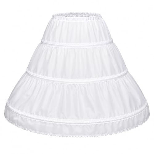 Petticoat A-Line 3 Hoops One Layer Kids Crinoline Lace Trim Flower Girl Dress Underskirt Adjustable Waist For Age 6-14 Years Old.
