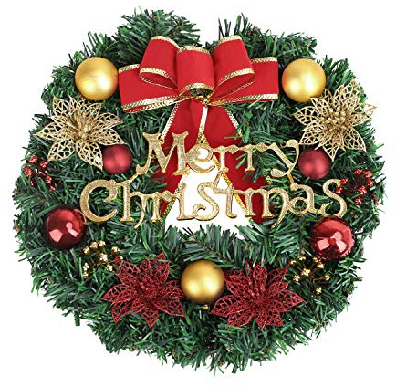 FakeFace, ghirlanda di Natale con scritta Merry Christmas, ghirlanda di pino artificiale da 30,5 cm, decorazione natalizia per porte e finestre, pareti con fiocco, campane, bacche rosse, regali