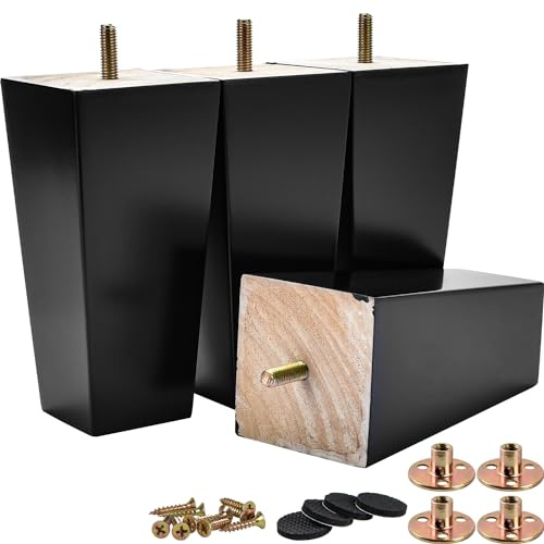 TCHOSUZ 6 Inch / 15cm Wooden Furniture Legs, Set of 4 Solid Wood Mid-Century Modern Pyramid Replacement Feet, Square Sofa Legs with M8 Bolts & Anti-Slip Pads for Sofa Ottoman Table Dresser Black