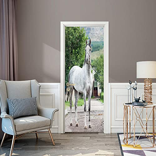 GSKBDQ 3D Kreative Türaufkleber Grünes Idyllisches Pferd 95X215Cm Selbstklebend Art Decals Wandaufkleber PVC Fototapete wasserdichte Türtapete Poster Wohnzimmer Küche Schlafzimmer Dekoration