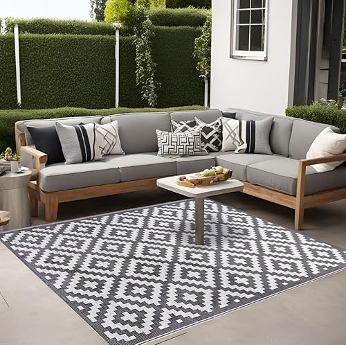 GBS Lightweight Reversible Portable Garden Rug, Large Outdoor Rug, Anti-slip Plastic Straw Portable Carpet Mat UV Resistant Waterproof Indoor Area Rugs for Garden Patio Beach Picnic(Grey 150 x 240 cm)