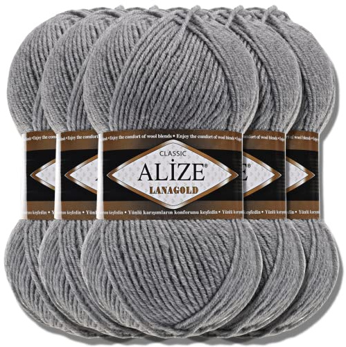 Hobby YARN 3x Etikettenlabel mit Alize Lanagold Wolle Premium 5x100g als Set, Yarn, Garn, Strickgarn, Einfarbig, Baby, zum Häkeln, Stricken, Kleidung, Schals (Grey Melange - 21)