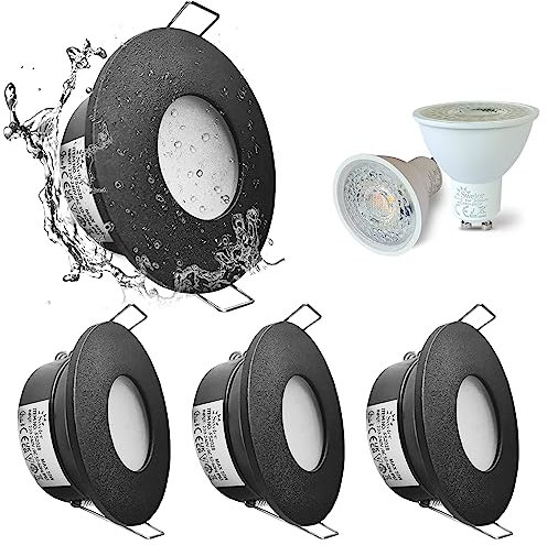 Sweier Waterproof Downlight Black,IP65 Recessed Ceiling Light Warm White 3000K,5W GU10 Downlights for Bathroom Ceiling,430Lumen LED Bathroom Spotlight,Cutout 68mm/2.68in,4 Pack