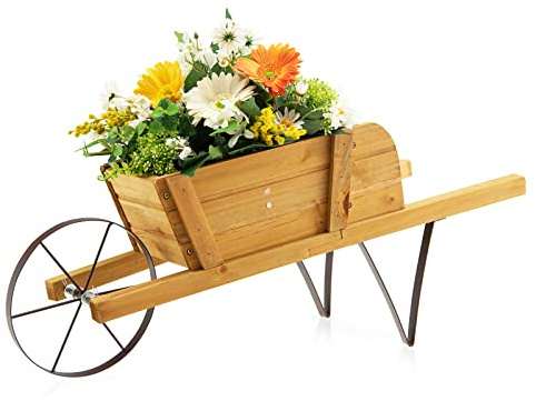 GOPLUS Support de Plantes en Forme de brouette en Bois, Support de Pots de Fleurs décoratif avec Roue en métal, 9 Accessoires magnétiques remplaçables, Support de Plantes