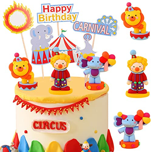 HGSHUO Decoración para Tartas Cumpleaños Decoración de Pastel Circo Toppers para Tartas Happy Birthday Adorno para Tarta Animales Fiesta de Cumpleaños Carnival Cupcake Topper