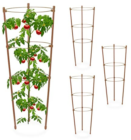 Relaxdays Spaljé set om 4, metall och plast, 45 cm hög, 3 justerbara ringar, klättringsstöd klätterväxter, brun