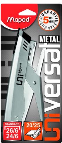 Maped – Pinza grapadora de metal universal – Compatible con grapas n.º 24/6 y 26/6 – Capacidad de 20 a 25 hojas – con 400 grapas 26/6 incluidas, color gris