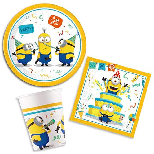 Set Compleanno dei Minions fino a 8 persone, Kit Festa Decorazioni Addobbi da Tavola Stoviglie Minion Cattivissimo Me per Party Anniversario Halloween Bambino 8 piatti, 8 bicchieri, 20 tovaglioli