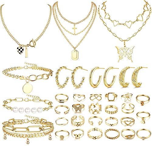 Kakonia Gold Schmuck Set für Frauen Männer Gold Hoop Ohrringe Gold Layered Halsketten Kette Armbänder Knöchel Ringe Goldschmuck Sets für Jahrestag Geburtstag Geschenk