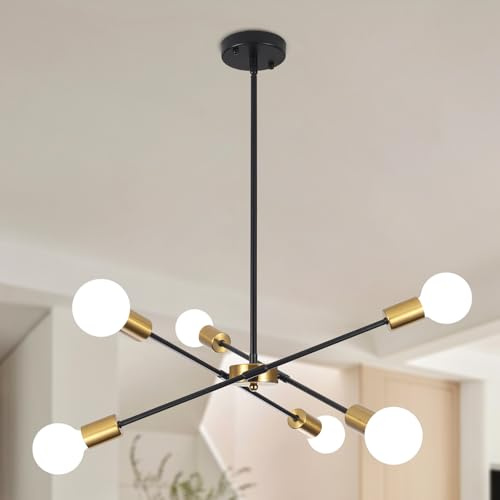 Modern Sputnik Lampe Kronleuchter, Kronleuchter Schwarz-Gold 6 Flammig | Pendelleuchte Schwarz Hängelampe Schlafzimmer Wohnzimmerlampe Hängend für Esstisch, Küche, Flur, E27, Höhenverstellbar