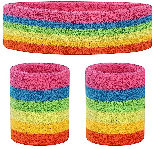 ONUPGO Schweißbänder Set Stirnband Armbänder Neon Sport Fitness 80er Kostüme Zubehör 80er Workout Outfit für Männer Frauen